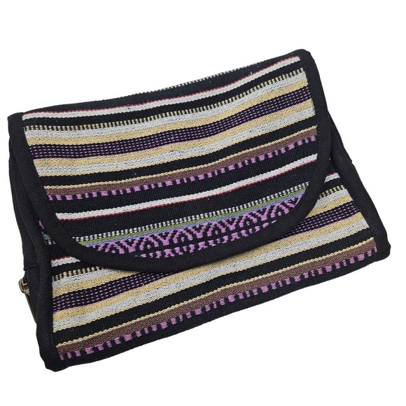 World Market Trifold Cosmetic Travel‎ Pouch Woven Purple Black Boho - Picture 1 of 8